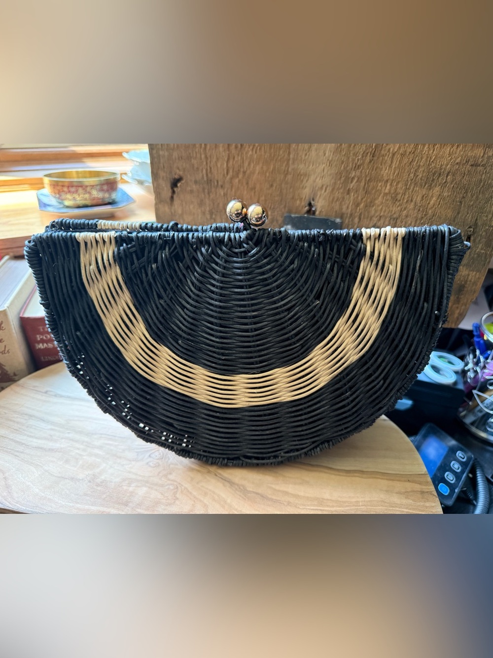 Tabitha Brown Target Geometric Woven Rattan Clutch Black White Kiss Lock Bag